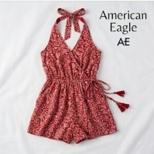 American Eagle AE Boho Floral Halter Romper Red Tassel Waist Size Large